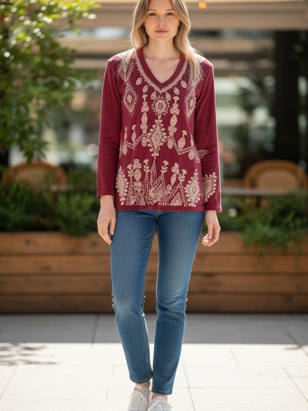 Johnny Was Los Angeles Embroidered Cotton Tunic Top Burgundy Size M